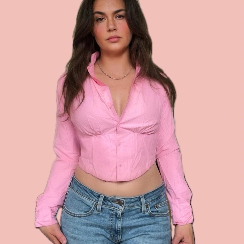🧡 2 for 10$ Wet Seal Pink Corset-Back Button Down – Barbiecore, Bimbo,
